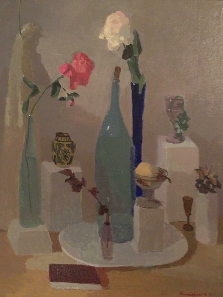 still life with a blue vase